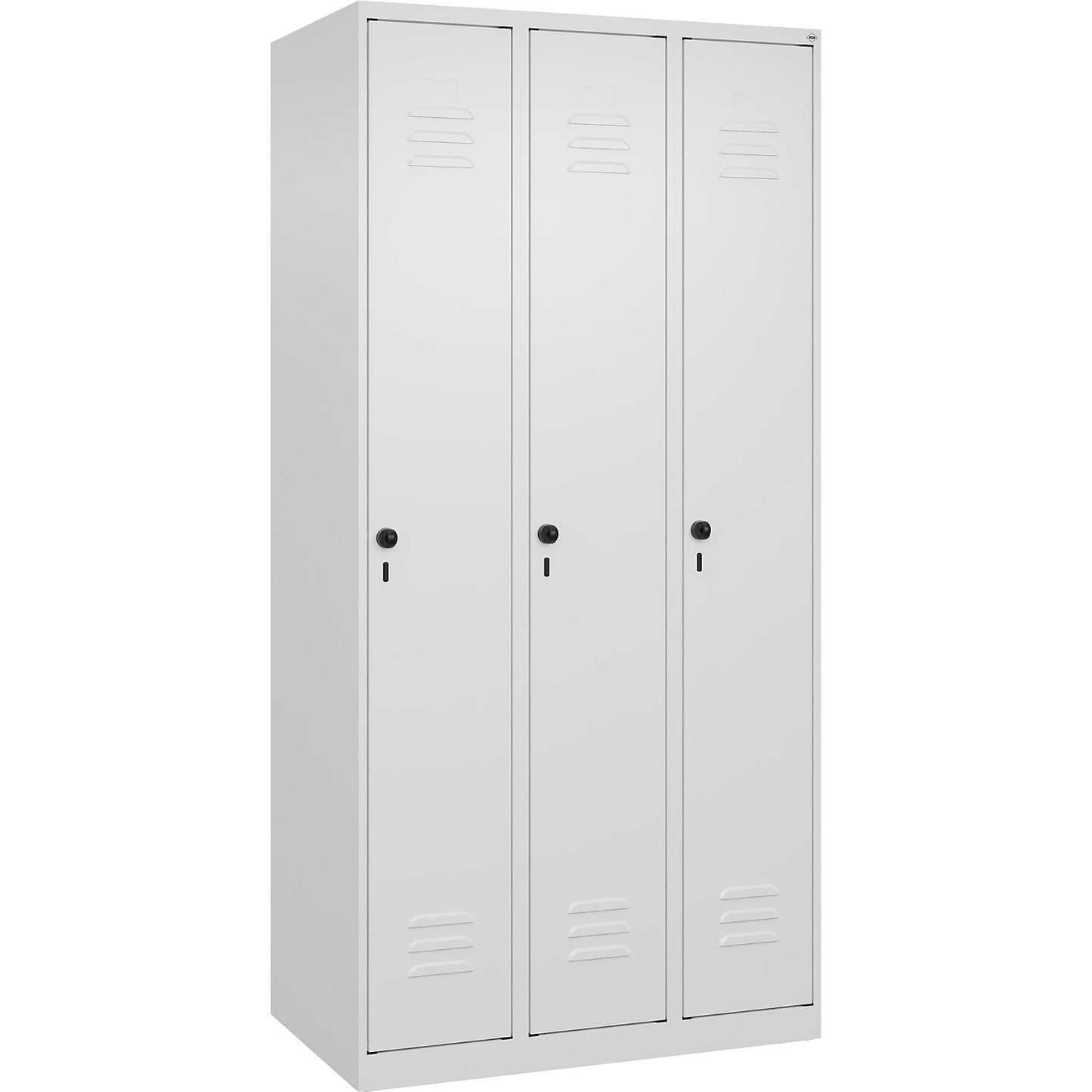 Classic PLUS clean and dirty clothes locker, narrow, 3 compartments, shortened centre divider, traffic white, W 900 mm, with floor glides, rotary bolt, centre partition.