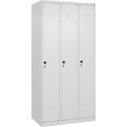 Classic PLUS clean and dirty clothes locker, narrow, 3 compartments, shortened centre divider, traffic white, W 900 mm, with floor glides, rotary bolt, centre partition.
