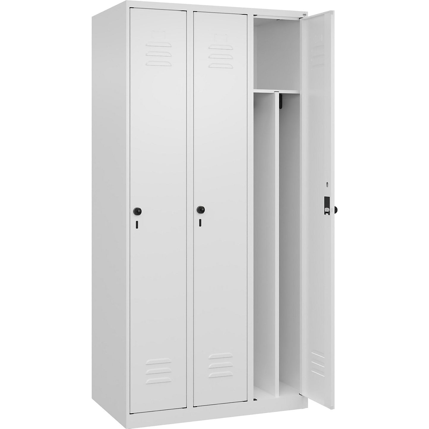 Classic PLUS clean and dirty clothes locker, narrow, 3 compartments, shortened centre divider, traffic white, W 900 mm, with floor glides, rotary bolt, centre partition.