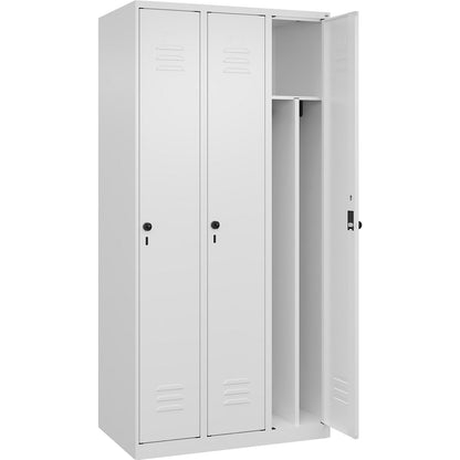 Classic PLUS clean and dirty clothes locker, narrow, 3 compartments, shortened centre divider, traffic white, W 900 mm, with floor glides, rotary bolt, centre partition.