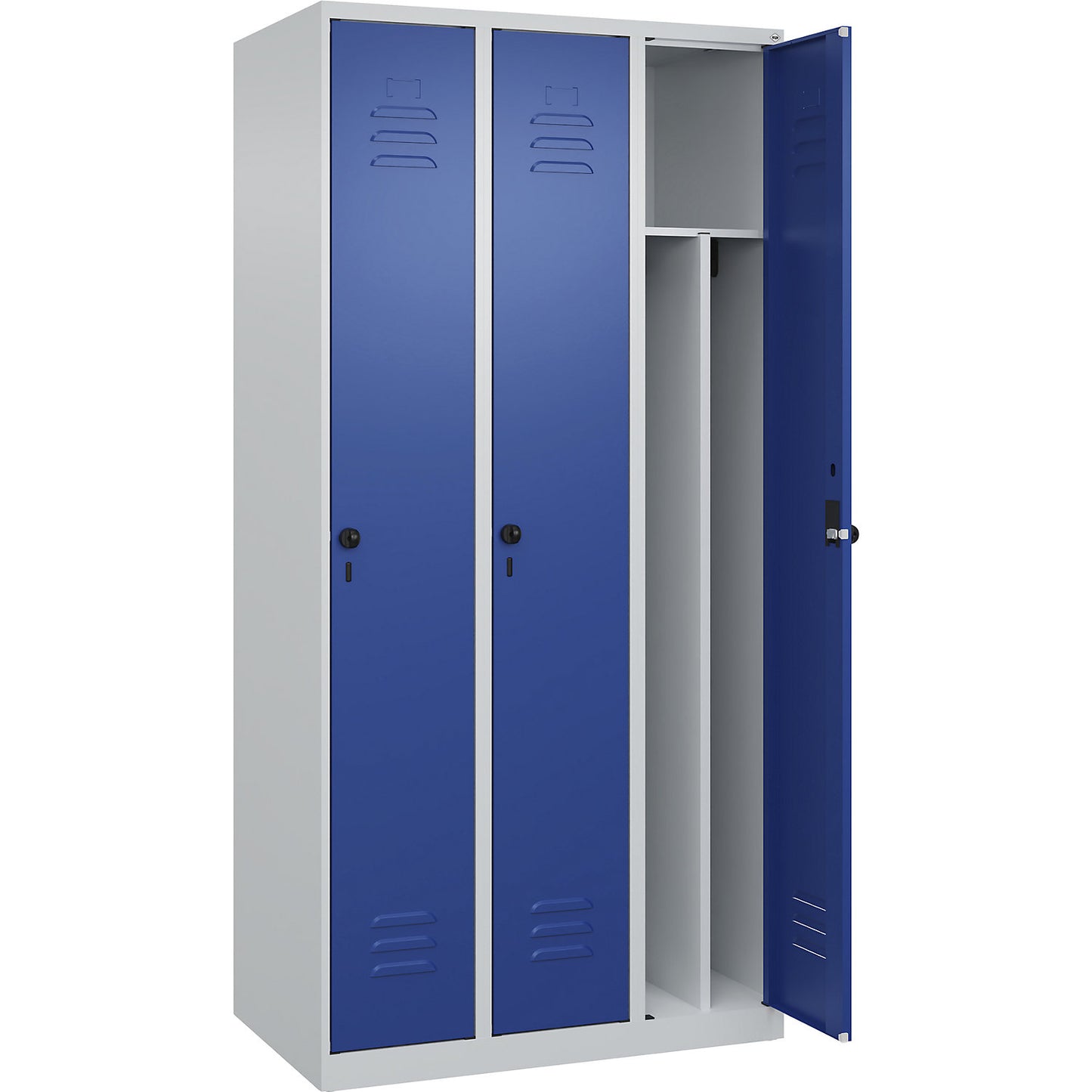 Classic PLUS clean and dirty clothes locker, narrow, 3 compartments, shortened centre divider, light grey/gentian blue, W 900 mm, with floor glides, rotary bolt, centre partition.