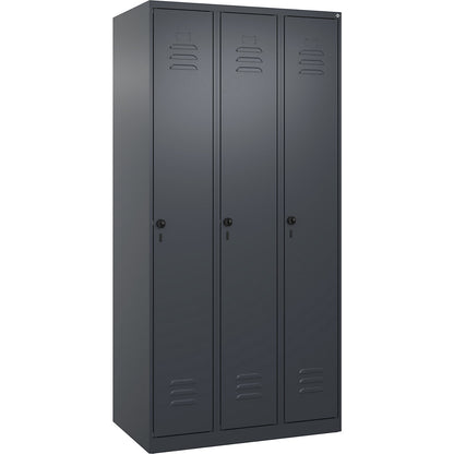 Classic PLUS clean and dirty clothes locker, narrow, 3 compartments, shortened centre divider, grey, W 900 mm, with floor glides, rotary bolt, centre partition.