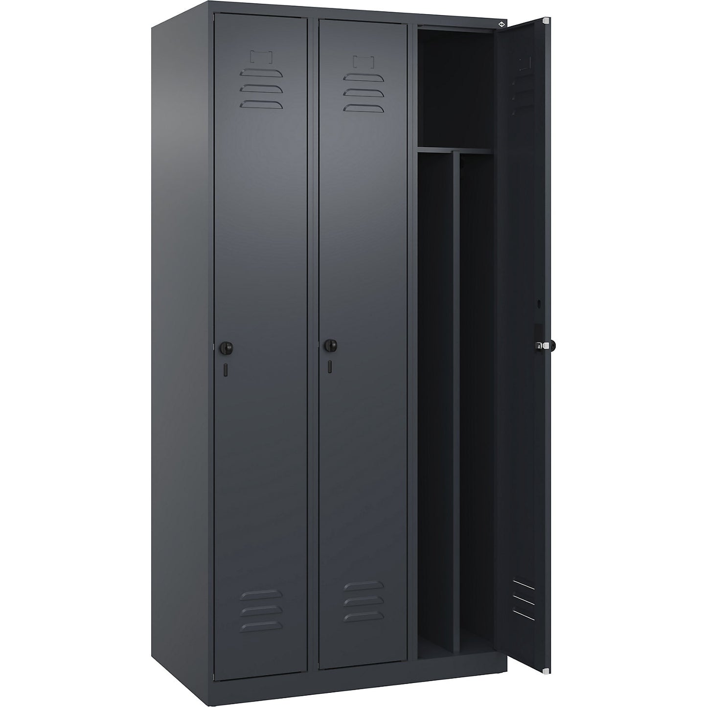 Classic PLUS clean and dirty clothes locker, narrow, 3 compartments, shortened centre divider, grey, W 900 mm, with floor glides, rotary bolt, centre partition.