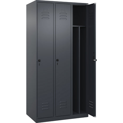 Classic PLUS clean and dirty clothes locker, narrow, 3 compartments, shortened centre divider, grey, W 900 mm, with floor glides, rotary bolt, centre partition.