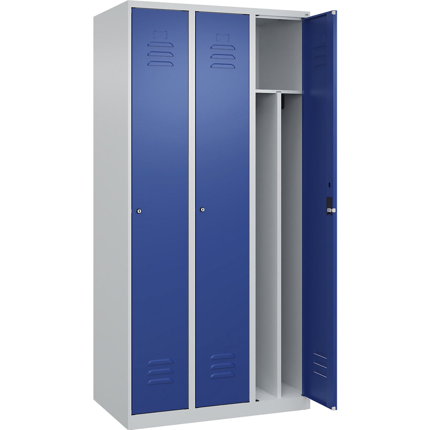 Classic PLUS clean and dirty clothes locker, narrow, 3 compartments, shortened centre divider, light grey/gentian blue, W 900 mm, with floor glides, cylinder lock, centre partition.