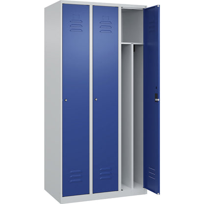 Classic PLUS clean and dirty clothes locker, narrow, 3 compartments, shortened centre divider, light grey/gentian blue, W 900 mm, with floor glides, cylinder lock, centre partition.