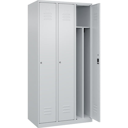 Classic PLUS clean and dirty clothes locker, narrow, 3 compartments, shortened centre divider, light grey, W 900 mm, with floor glides, cylinder lock, centre partition.