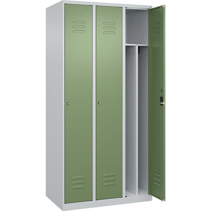 Classic PLUS clean and dirty clothes locker, narrow, 3 compartments, shortened centre divider, light grey/reseda green, W 900 mm, with floor glides, cylinder lock, centre partition.