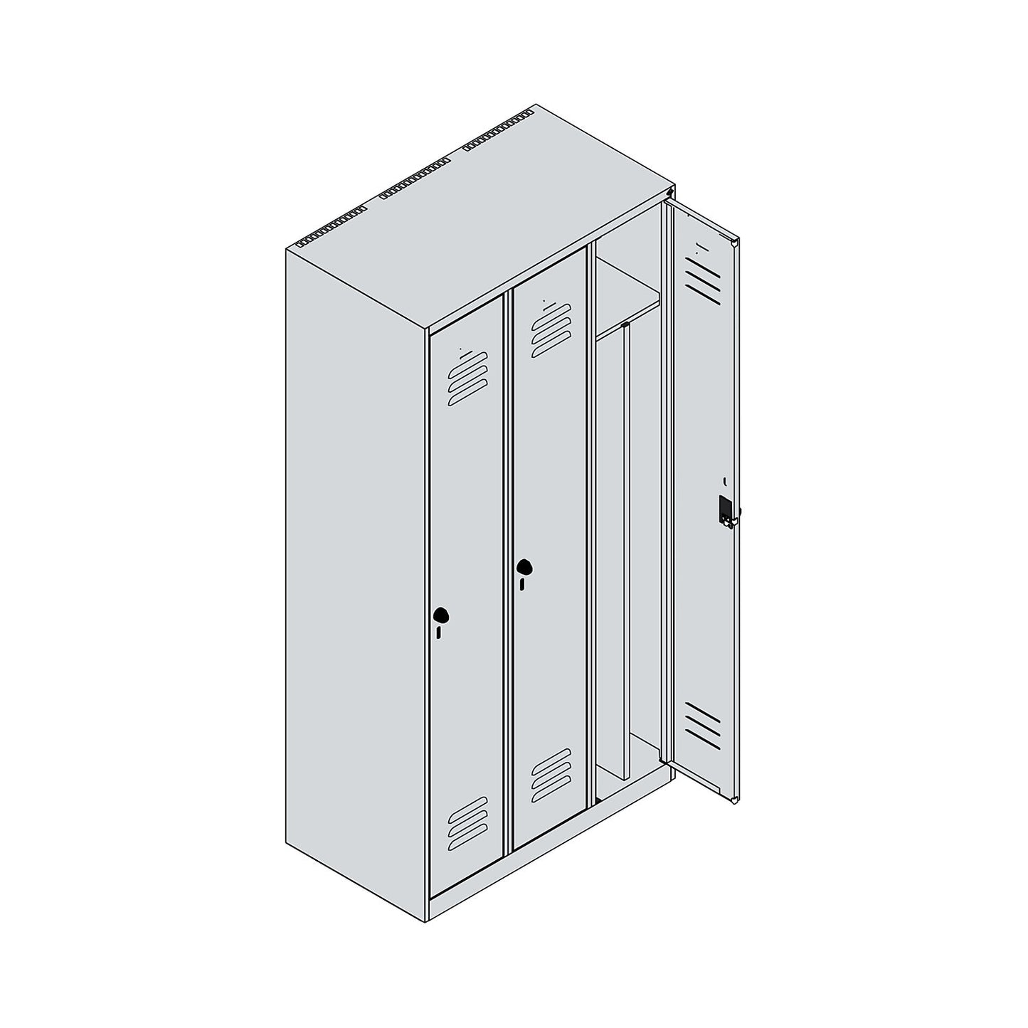 Classic PLUS clean and dirty clothes locker, narrow, 3 compartments, shortened centre divider, light grey/gentian blue, W 900 mm, with floor glides, rotary bolt, centre partition.