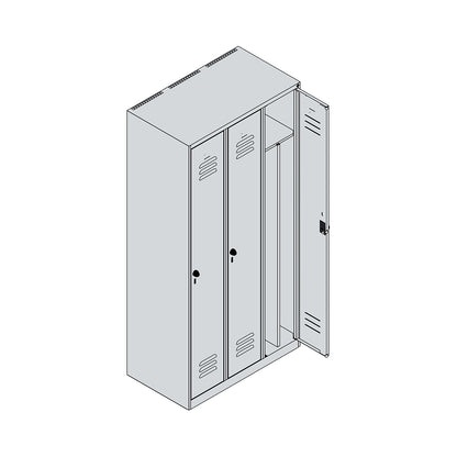 Classic PLUS clean and dirty clothes locker, narrow, 3 compartments, shortened centre divider, light grey, W 900 mm, with floor glides, rotary bolt, centre partition.