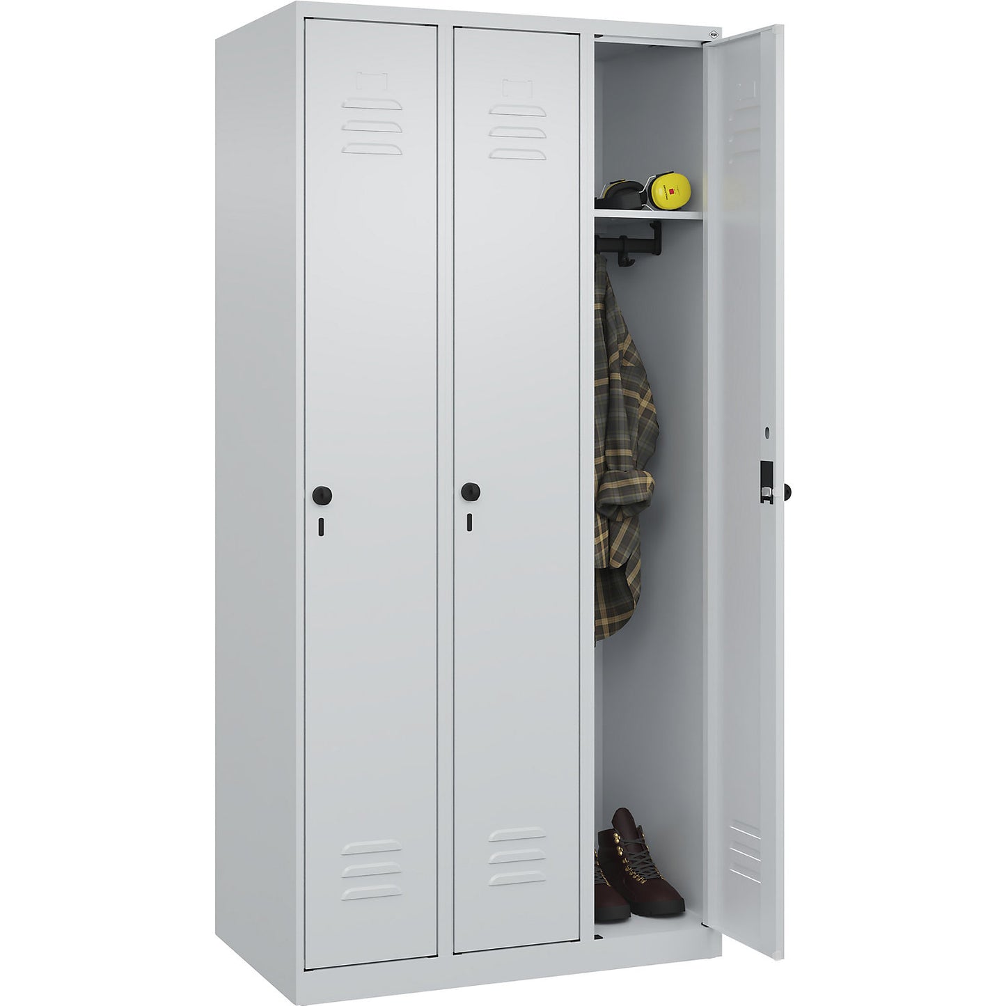 Classic PLUS clothes locker, 3 compartments, light grey, W 900 mm, with floor glides, rotary bolt.