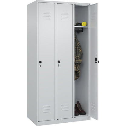 Classic PLUS clothes locker, 3 compartments, light grey, W 900 mm, with floor glides, rotary bolt.