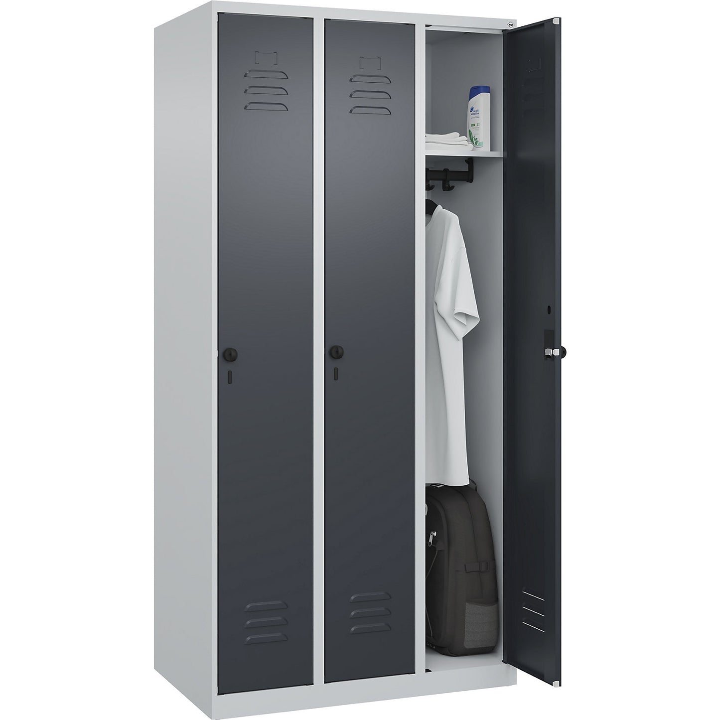 Classic PLUS clothes locker, 3 compartments, light grey/grey, W 900 mm, with floor glides, rotary bolt.