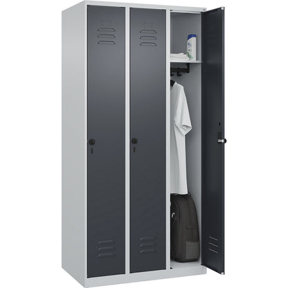 Classic PLUS clothes locker, 3 compartments, light grey/grey, W 900 mm, with floor glides, rotary bolt.