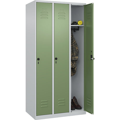 Classic PLUS clothes locker, 3 compartments, light grey/reseda green, W 900 mm, with floor glides, rotary bolt.