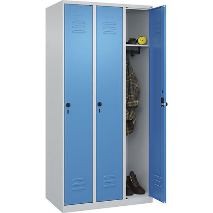 Classic PLUS clothes locker, 3 compartments, light grey/light blue, W 900 mm, with floor glides, rotary bolt.