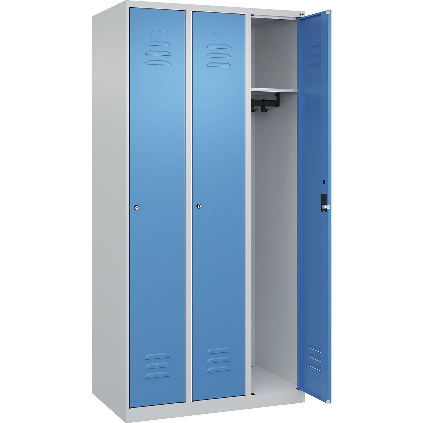 Classic PLUS clothes locker, 3 compartments, light grey/light blue, W 900 mm, with floor glides, cylinder lock.