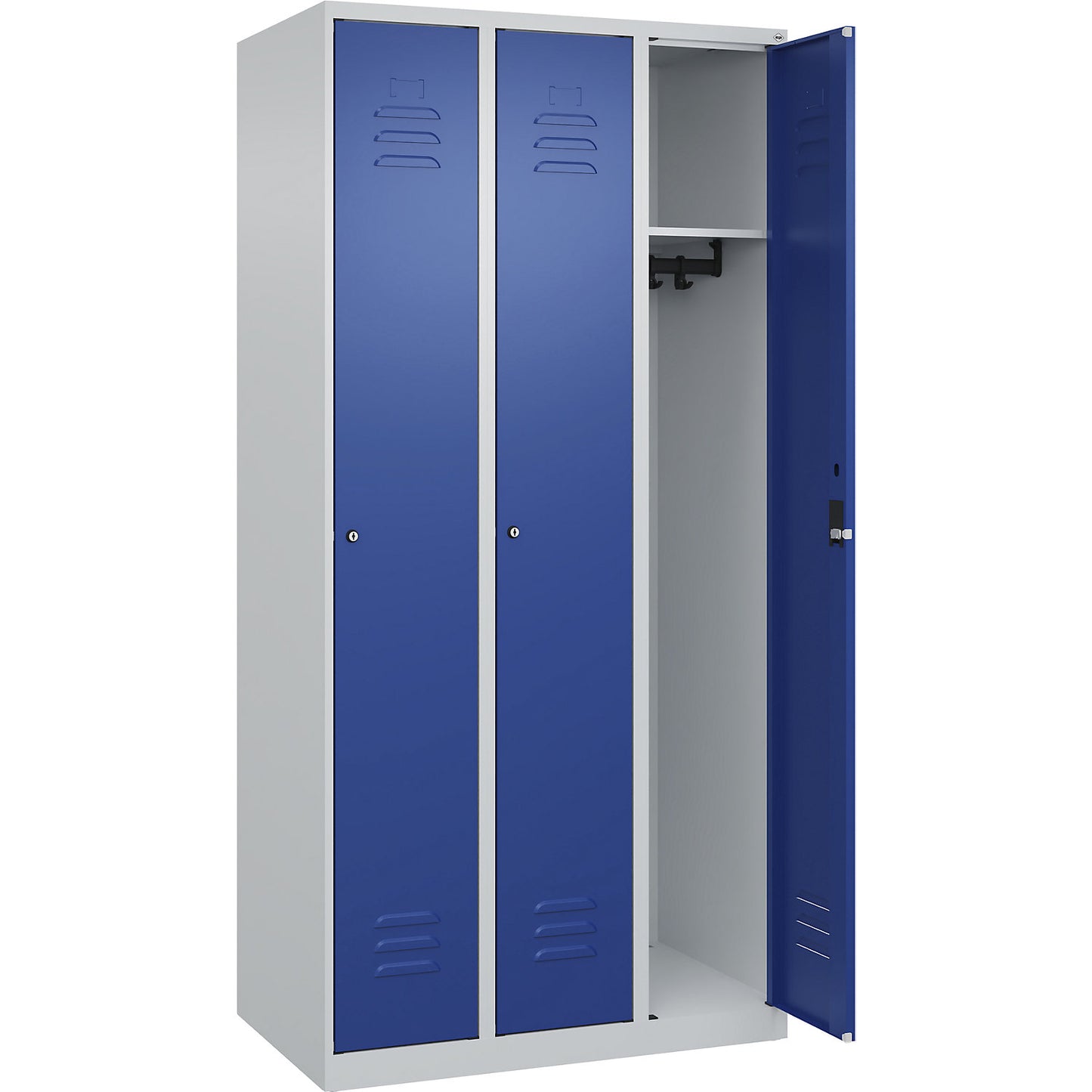 Classic PLUS clothes locker, 3 compartments, light grey/gentian blue, W 900 mm, with floor glides, cylinder lock.