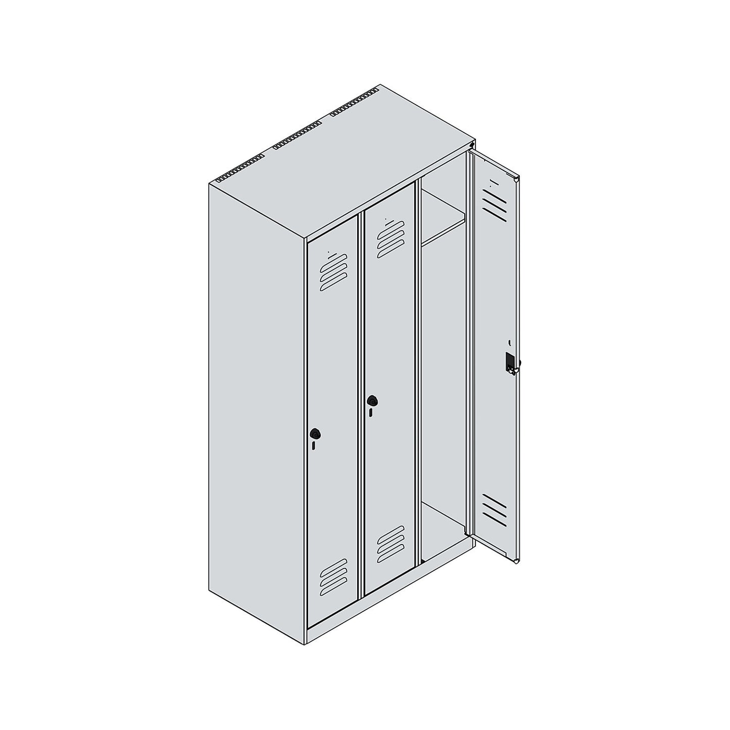 Classic PLUS clothes locker, 3 compartments, light grey/light blue, W 900 mm, with floor glides, rotary bolt.