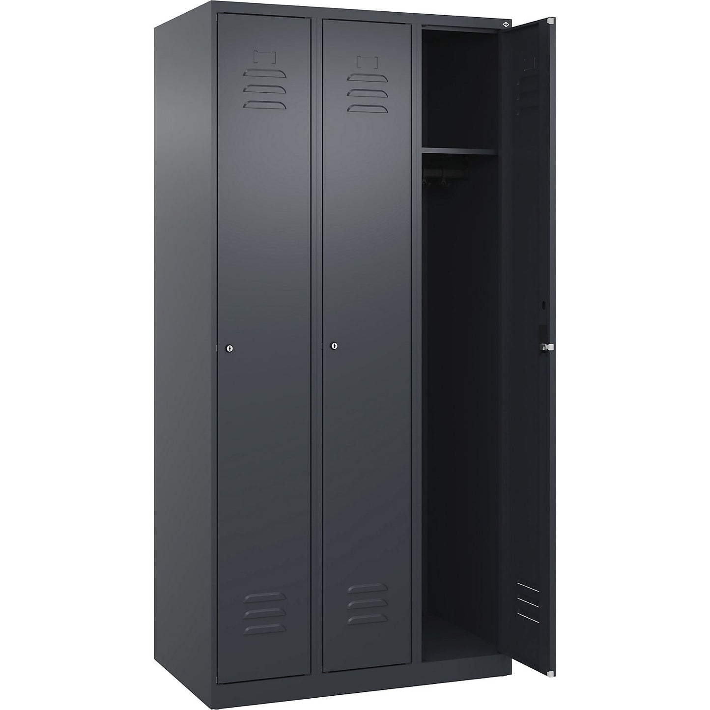Classic PLUS clothes locker, 3 compartments, grey, W 900 mm, with floor glides, cylinder lock.