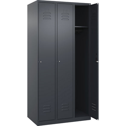 Classic PLUS clothes locker, 3 compartments, grey, W 900 mm, with floor glides, cylinder lock.