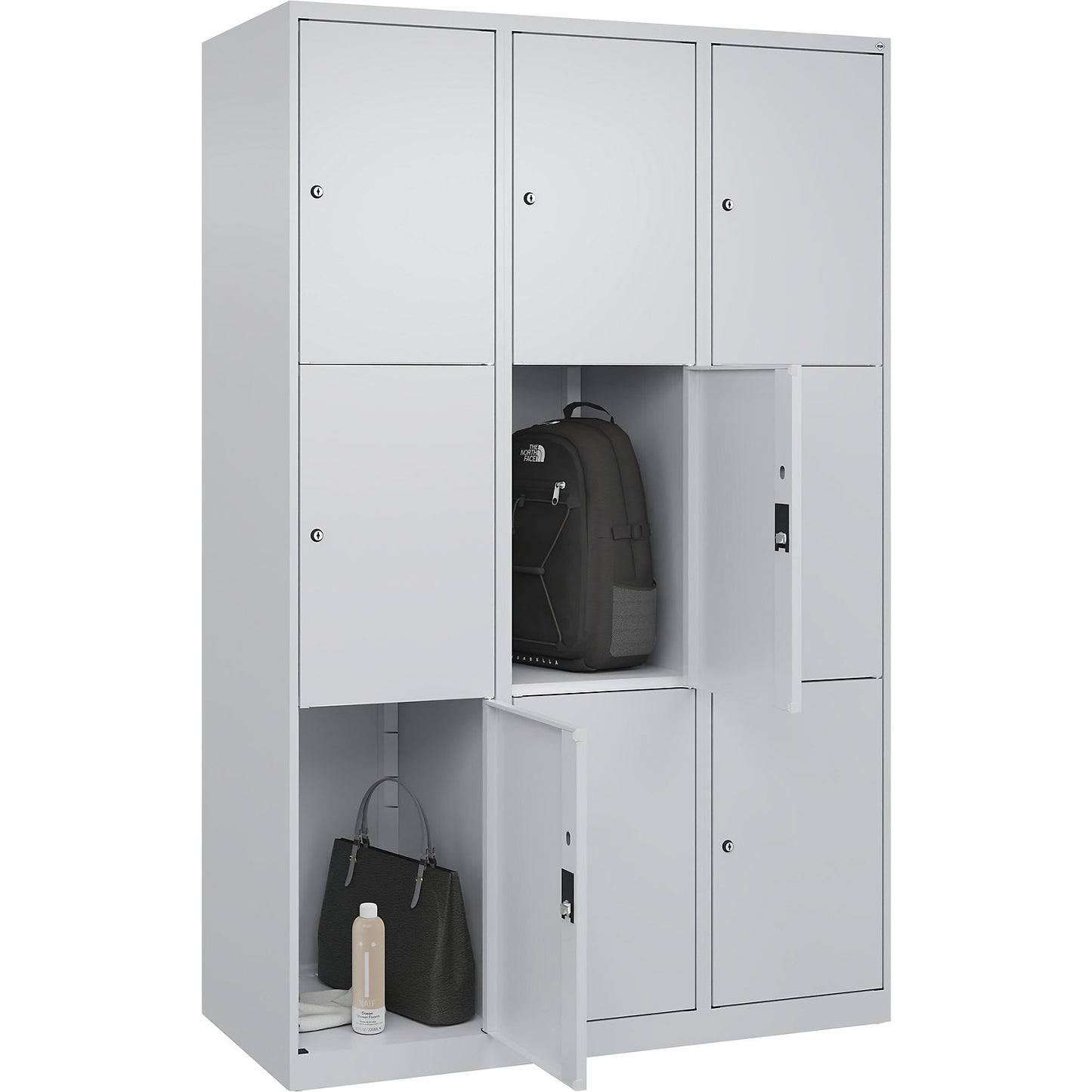 Classic PLUS 3-fold compartment locker, 3 compartments, light grey, W 1200 mm, 9 compartments, with floor glides.