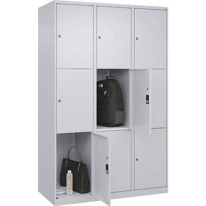 Classic PLUS 3-fold compartment locker, 3 compartments, light grey, W 1200 mm, 9 compartments, with floor glides.
