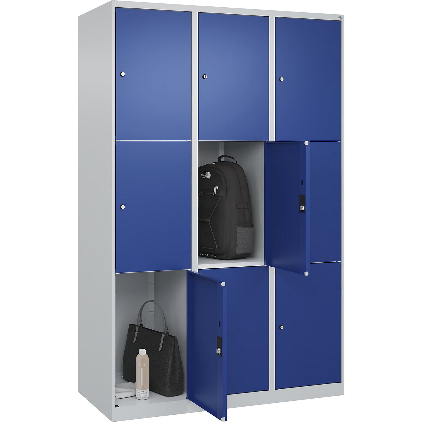 Classic PLUS 3-fold compartment locker, 3 compartments, light grey/gentian blue, W 1200 mm, 9 compartments, with floor glides.