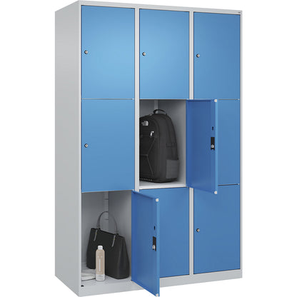 Classic PLUS 3-fold compartment locker, 3 compartments, light grey/light blue, W 1200 mm, 9 compartments, with floor glides.