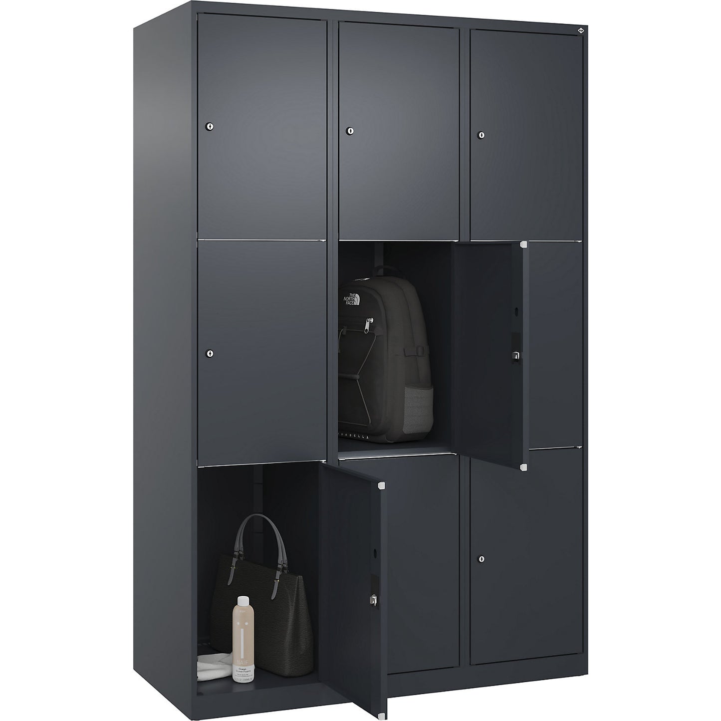 Classic PLUS 3-fold compartment locker, 3 compartments, grey, W 1200 mm, 9 compartments, with floor glides.