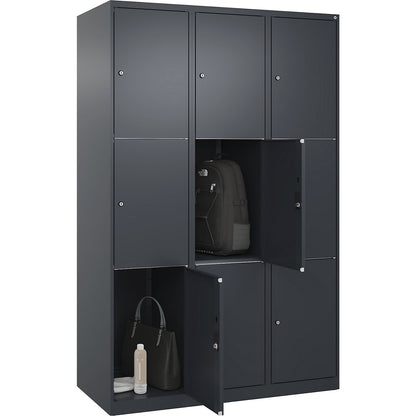 Classic PLUS 3-fold compartment locker, 3 compartments, grey, W 1200 mm, 9 compartments, with floor glides.