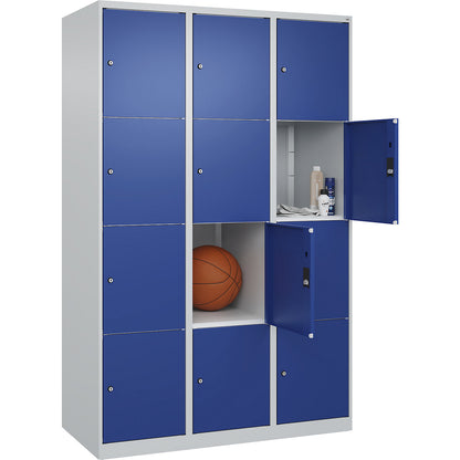 Classic PLUS 4-fold compartment locker, 3 compartments, light grey/gentian blue, W 1200 mm, 12 compartments, with floor glides.