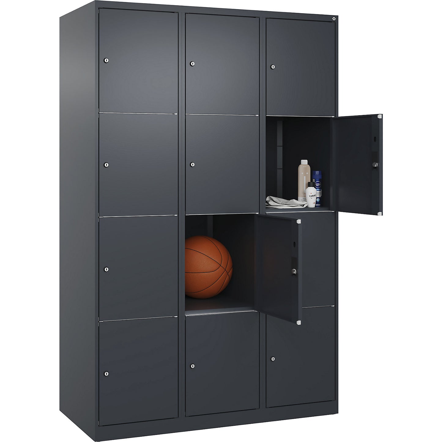 Classic PLUS 4-fold compartment locker, 3 compartments, grey, W 1200 mm, 12 compartments, with floor glides.