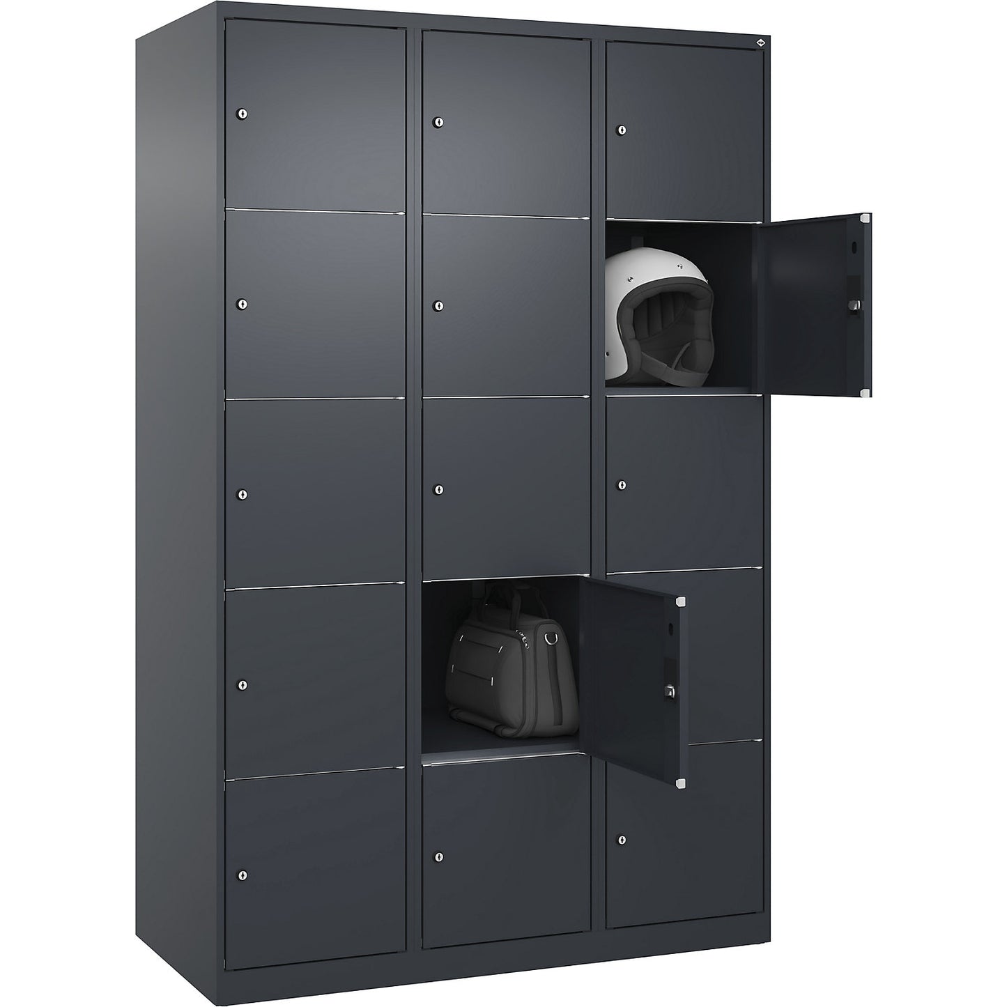 Classic PLUS 5-fold compartment locker, 3 compartments, grey, W 1200 mm, 15 compartments, with floor glides.