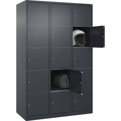 Classic PLUS 5-fold compartment locker, 3 compartments, grey, W 1200 mm, 15 compartments, with floor glides.