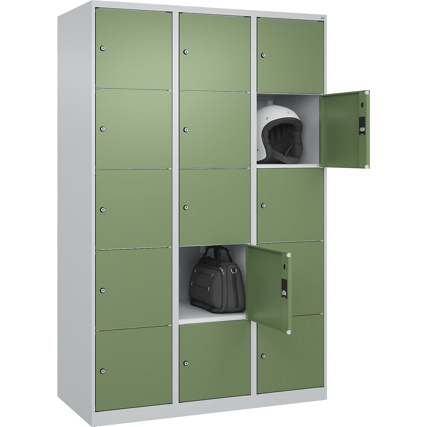 Classic PLUS 5-fold compartment locker, 3 compartments, light grey/reseda green, W 1200 mm, 15 compartments, with floor glides.