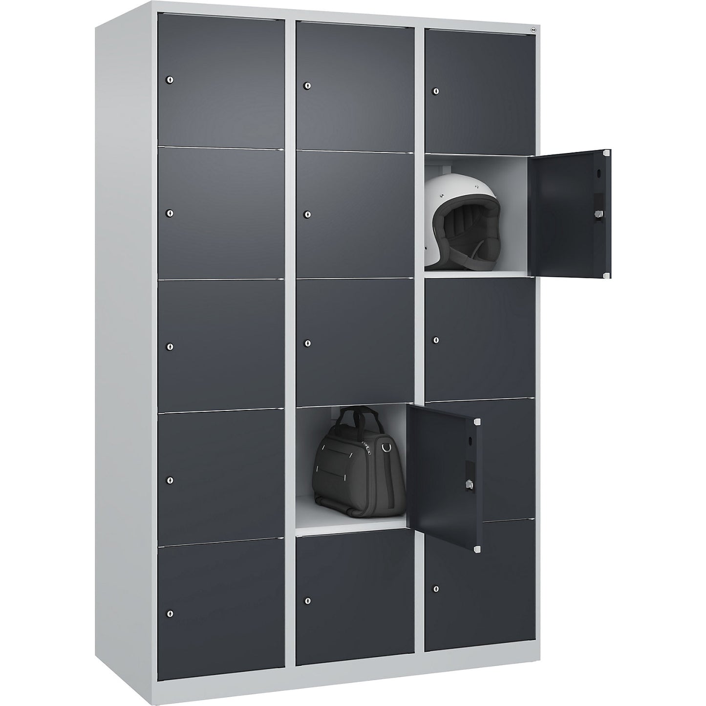 Classic PLUS 5-fold compartment locker, 3 compartments, light grey/grey, W 1200 mm, 15 compartments, with floor glides.