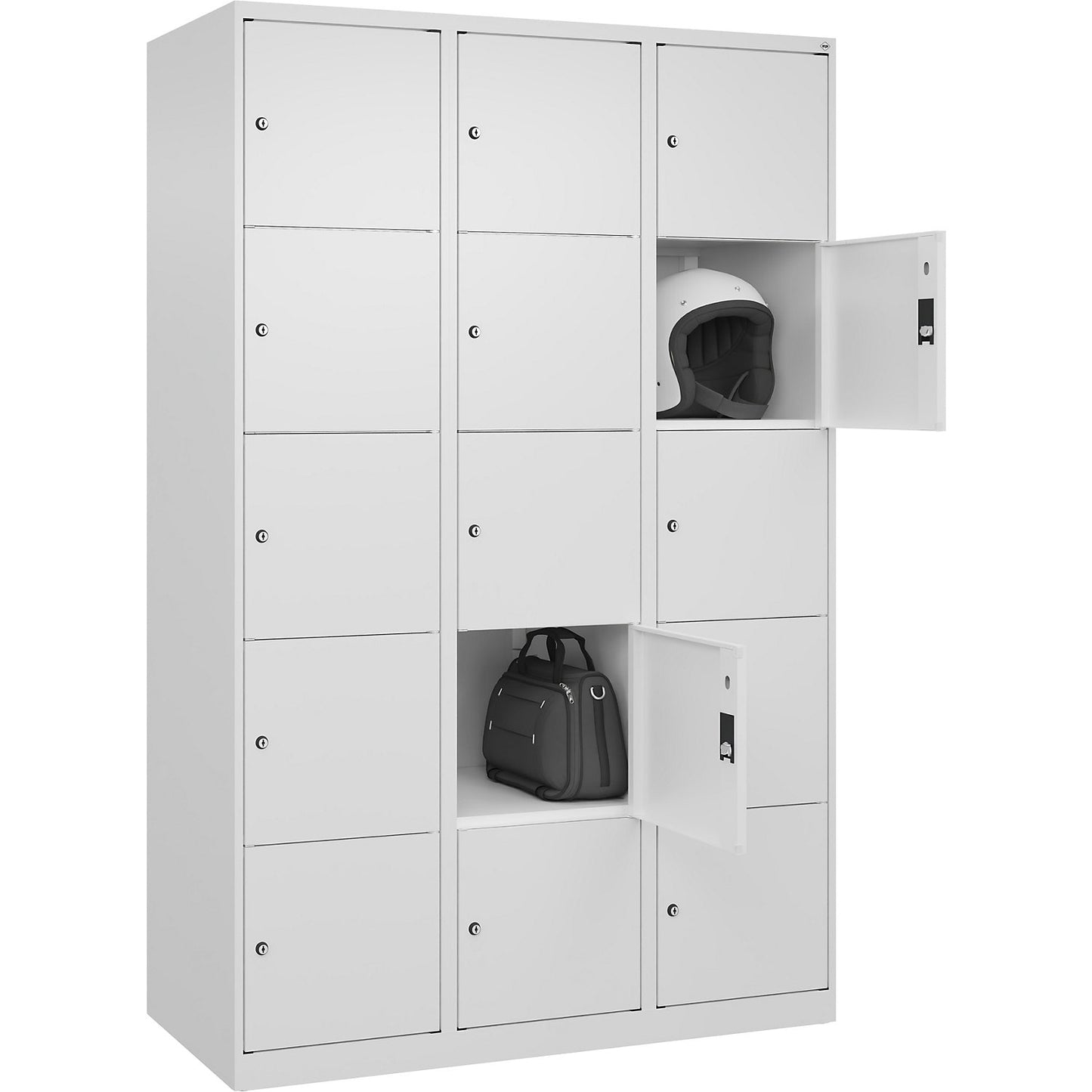 Classic PLUS 5-fold compartment locker, 3 compartments, traffic white, W 1200 mm, 15 compartments, with floor glides.