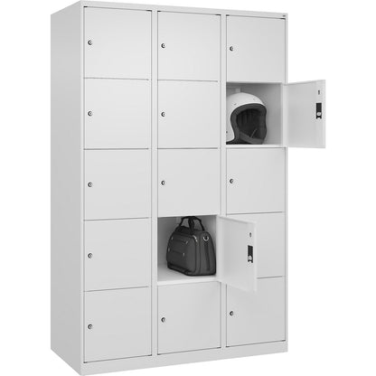 Classic PLUS 5-fold compartment locker, 3 compartments, traffic white, W 1200 mm, 15 compartments, with floor glides.
