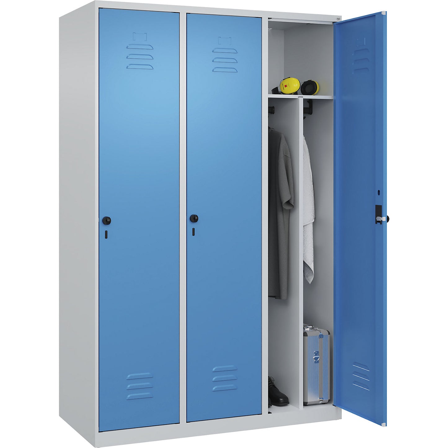 Classic PLUS clean and dirty clothes locker, narrow, 3 compartments, shortened centre divider, light grey/light blue, W 1200 mm, with floor glides, rotary bolt, centre partition.