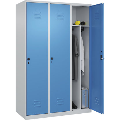 Classic PLUS clean and dirty clothes locker, narrow, 3 compartments, shortened centre divider, light grey/light blue, W 1200 mm, with floor glides, rotary bolt, centre partition.