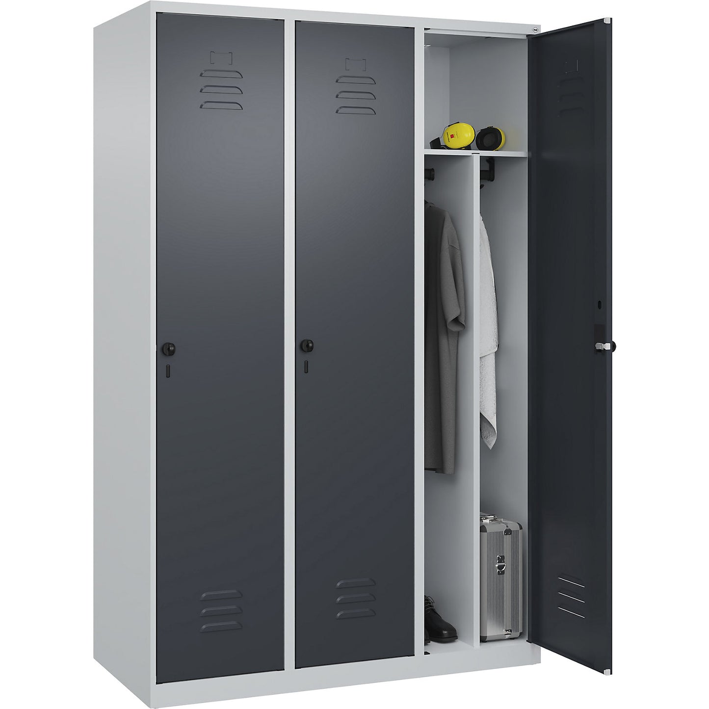 Classic PLUS clean and dirty clothes locker, narrow, 3 compartments, shortened centre divider, light grey/grey, W 1200 mm, with floor glides, rotary bolt, centre partition.