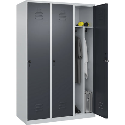 Classic PLUS clean and dirty clothes locker, narrow, 3 compartments, shortened centre divider, light grey/grey, W 1200 mm, with floor glides, rotary bolt, centre partition.