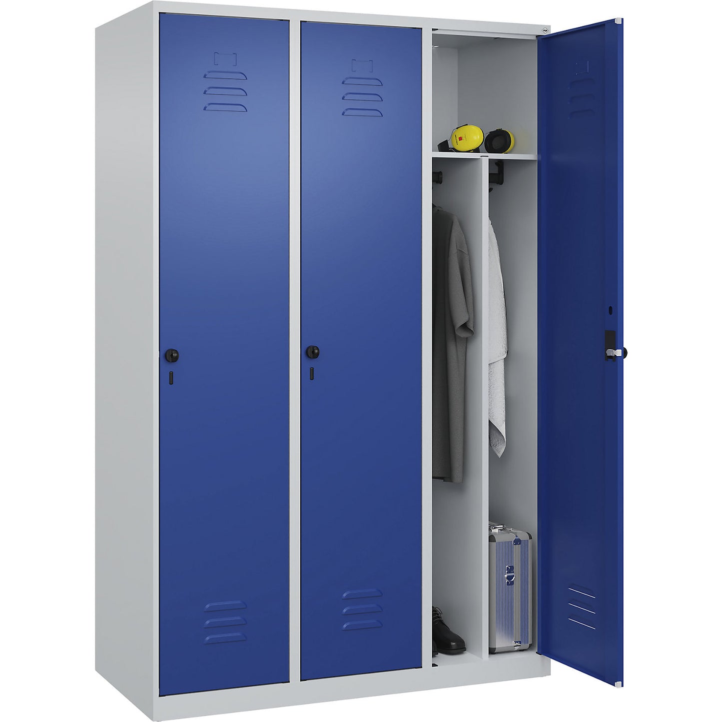 Classic PLUS clean and dirty clothes locker, narrow, 3 compartments, shortened centre divider, light grey/gentian blue, W 1200 mm, with floor glides, rotary bolt, centre partition.