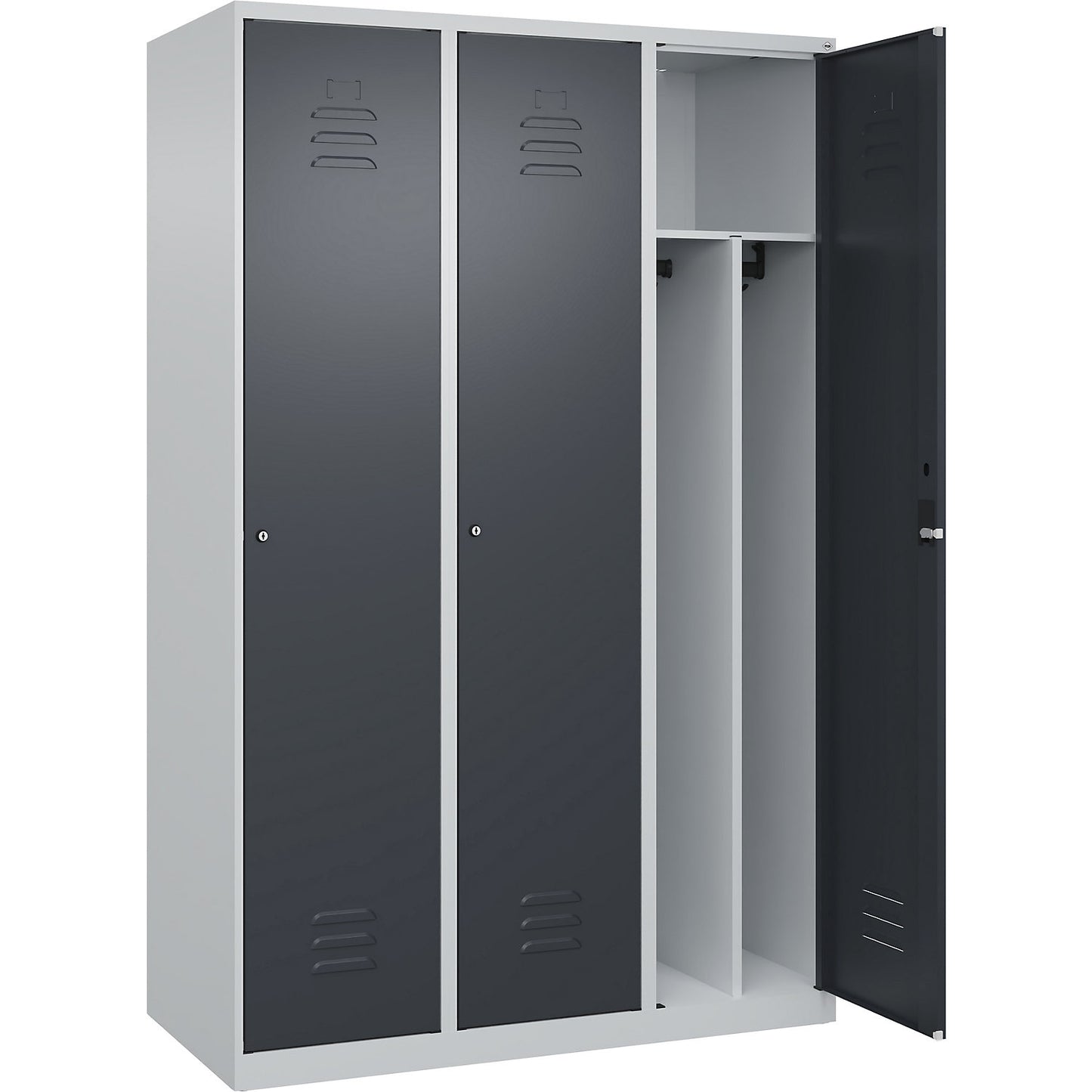 Classic PLUS clean and dirty clothes locker, narrow, 3 compartments, shortened centre divider, light grey/grey, W 1200 mm, with floor glides, cylinder lock, centre partition.