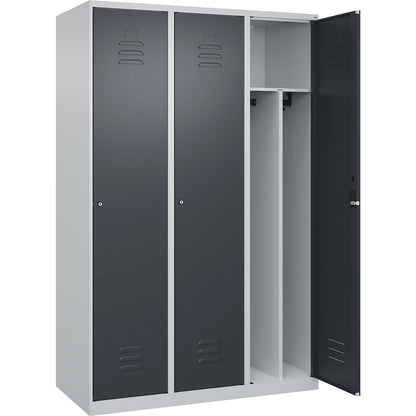 Classic PLUS clean and dirty clothes locker, narrow, 3 compartments, shortened centre divider, light grey/grey, W 1200 mm, with floor glides, cylinder lock, centre partition.