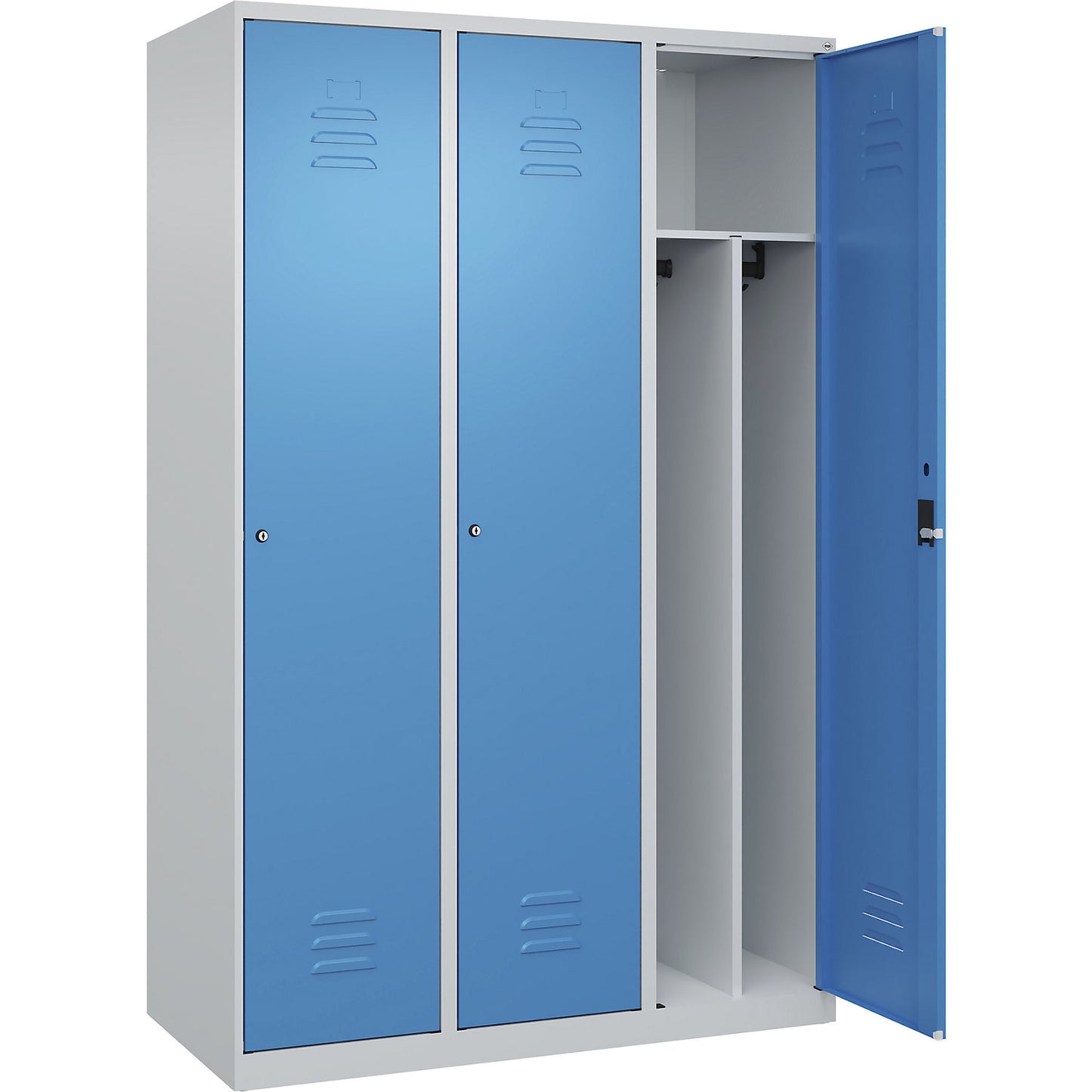 Classic PLUS clean and dirty clothes locker, narrow, 3 compartments, shortened centre divider, light grey/light blue, W 1200 mm, with floor glides, cylinder lock, centre partition.