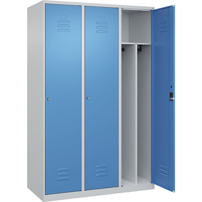 Classic PLUS clean and dirty clothes locker, narrow, 3 compartments, shortened centre divider, light grey/light blue, W 1200 mm, with floor glides, cylinder lock, centre partition.