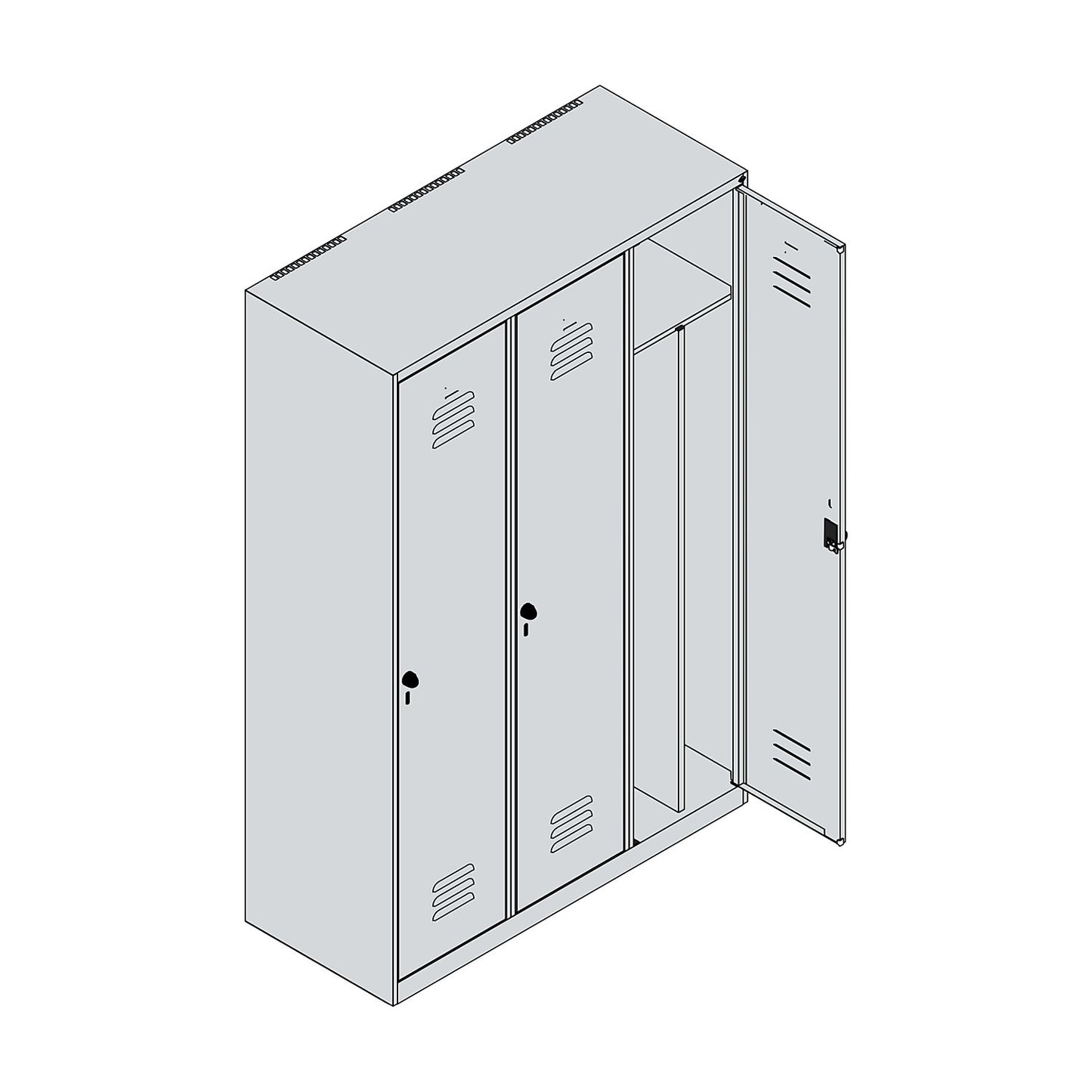 Classic PLUS clean and dirty clothes locker, narrow, 3 compartments, shortened centre divider, light grey/gentian blue, W 1200 mm, with floor glides, rotary bolt, centre partition.