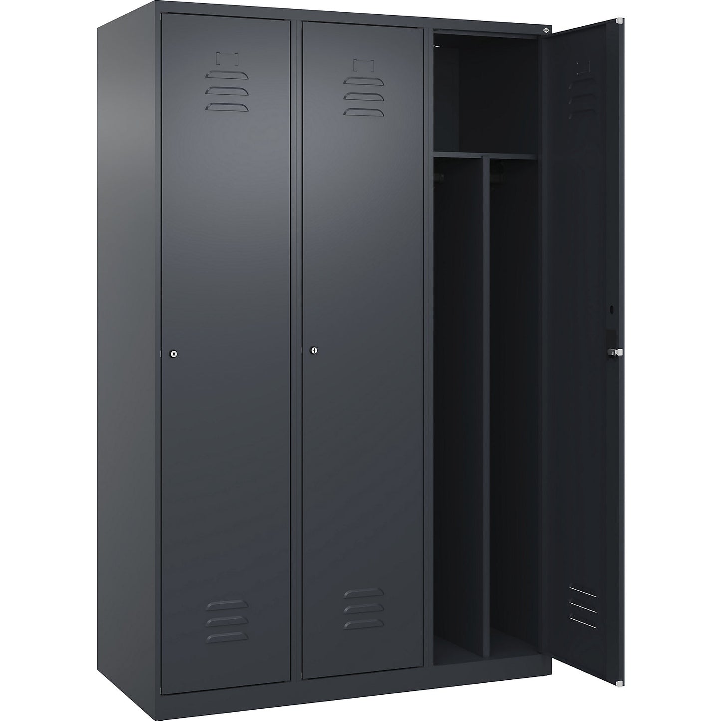 Classic PLUS clean and dirty clothes locker, narrow, 3 compartments, shortened centre divider, grey, W 1200 mm, with floor glides, cylinder lock, centre partition.